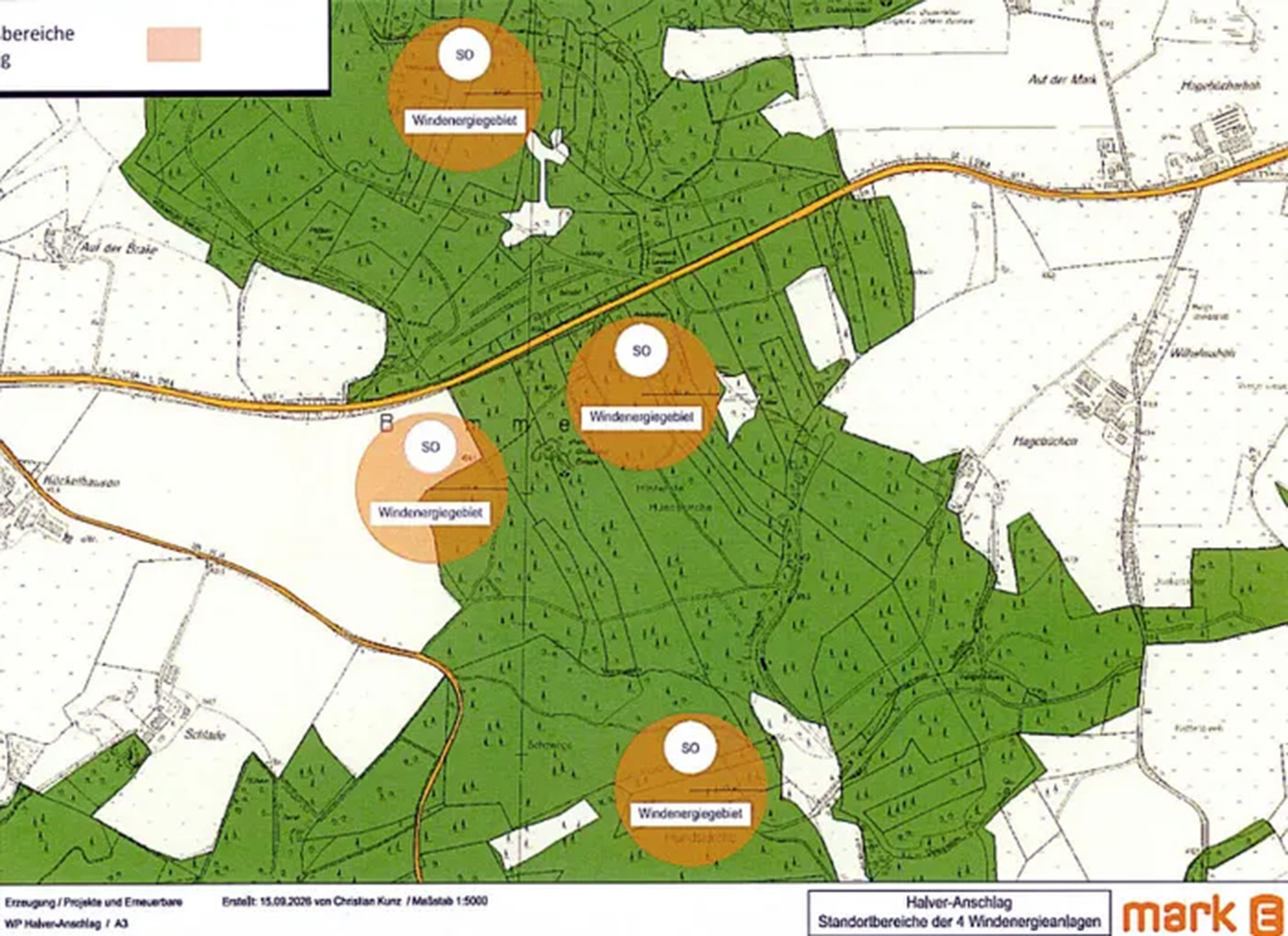 Der Ausbau der Windenergie, hier die Pl�ne der Mark-E f�r Anschlag mit vier Anlagen, sorgt in Halver f�r eine intensive politische und gesellschaftliche Debatte (Grafik: Stadt Halver / Mark-E)